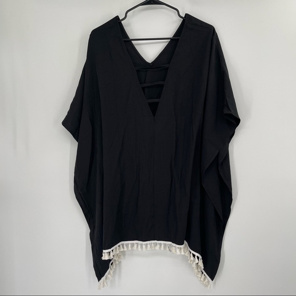 NWT Black with White Tassel Fringe V Neck Beach Swim Kaftan Cover Up - Picture 9 of 9